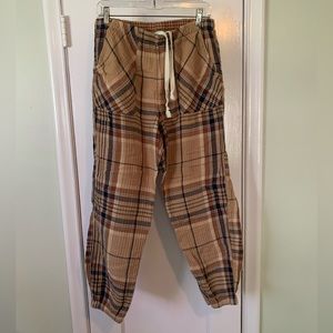 Aerie Barrel-legged Brown Plaid Jogger Pajama Pants with Tie